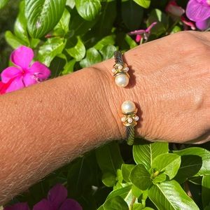 Vintage Heavy Twisted Cable Look Renaissance Revival Faux Pearl Cuff Bracelet